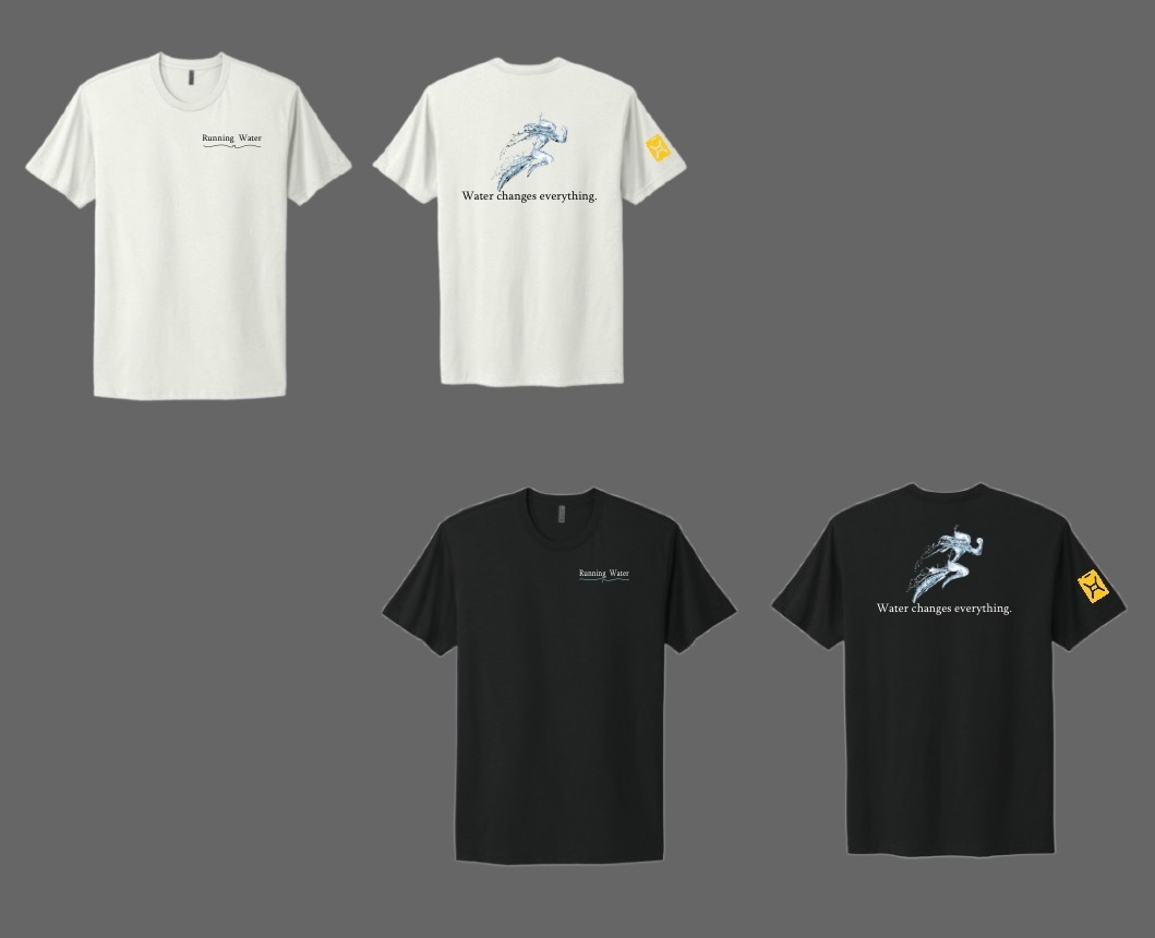 Running Water 2.0 charity run shirt — white and black versions with water runner graphic
